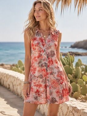 Vince Camuto Sheer Red and Gray Floral Blouse